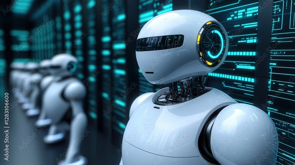 Poster robot and futuristic concept, futuristic robots in a digital environment