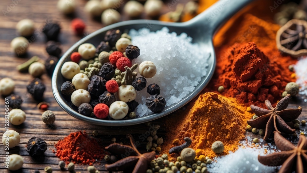 Poster spoon filled with assorted spices and salt on wooden surface with various spices scattered around in