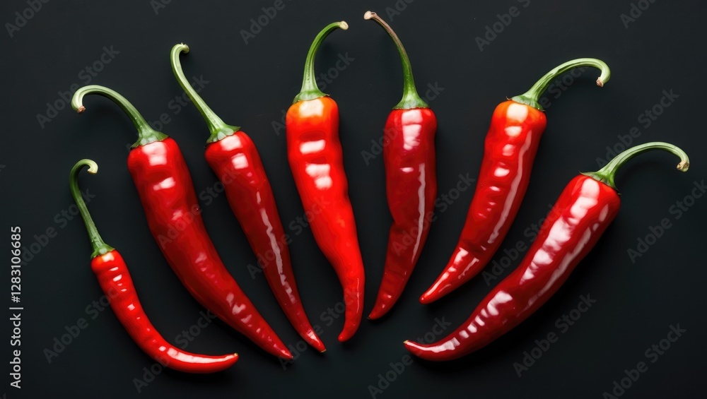 Poster red chili peppers arranged aesthetically on a dark surface displaying vibrant color and form for cul
