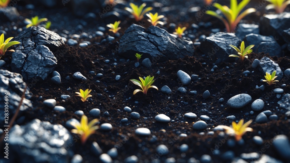 Poster dark soil with pebbles and vibrant green sprouts creating a natural seamless pattern ideal for backg
