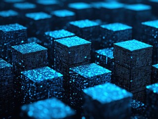 Cubic Abundance: An array of interconnected cubes, bathed in an ethereal, glowing blue, creates a captivating display of texture and dimension, suggestive of futuristic technology.