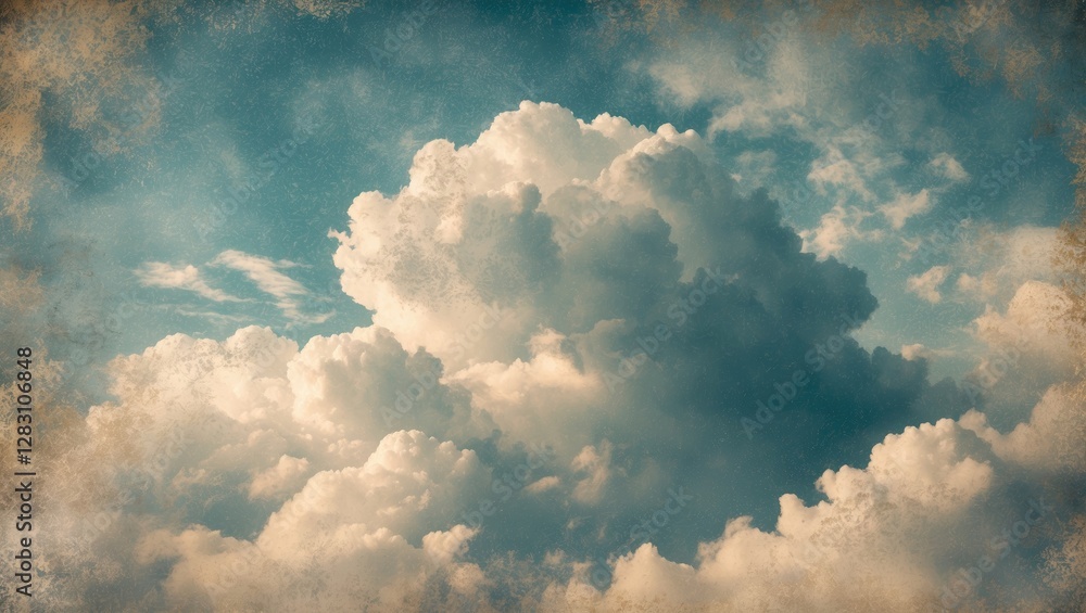 Poster fluffy white clouds against a blue sky with vintage texture and soft lighting creating a serene atmo