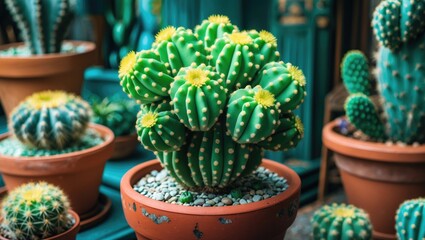 Vibrant green cacti with yellow flowers showcased in terracotta pots creating a delightful indoor garden atmosphere.