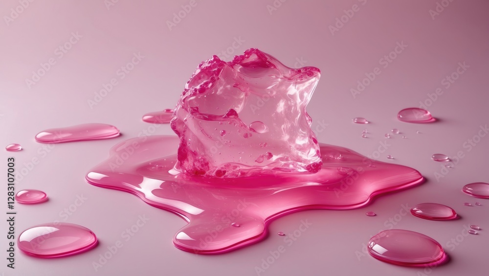 Poster transparent pink gel composition with melting droplets on a soft pink background creating an abstrac