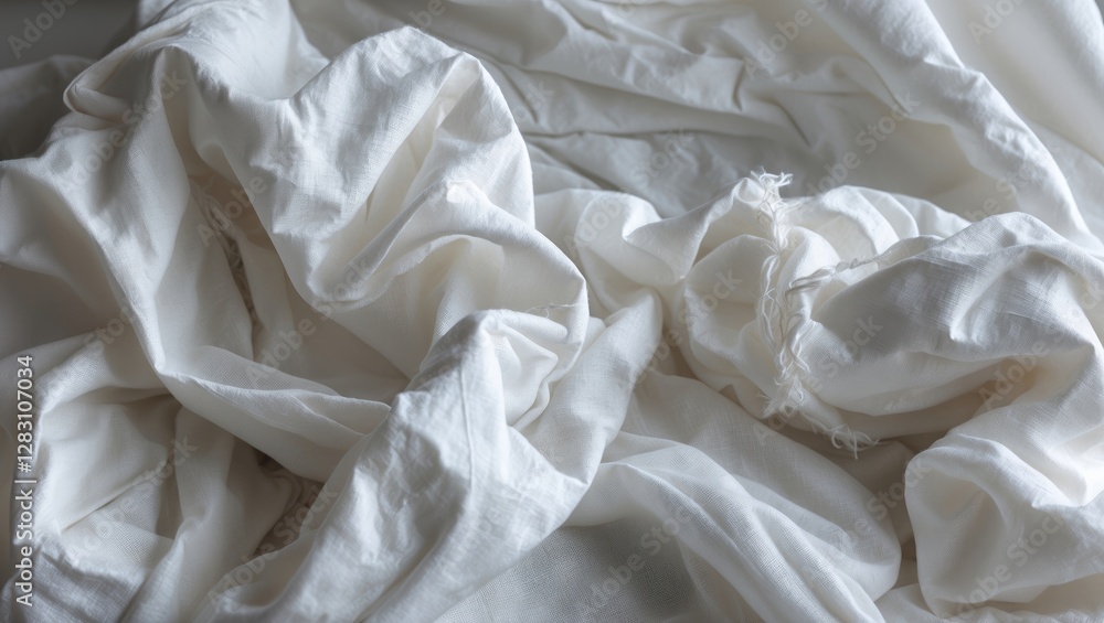 Poster crumpled white cotton fabric texture creating a soft and inviting background for design, textile or 
