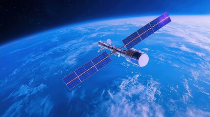 Obraz premium A satellite orbits Earth, showcasing advanced technology against a backdrop of blue skies and clouds in the vastness of space.