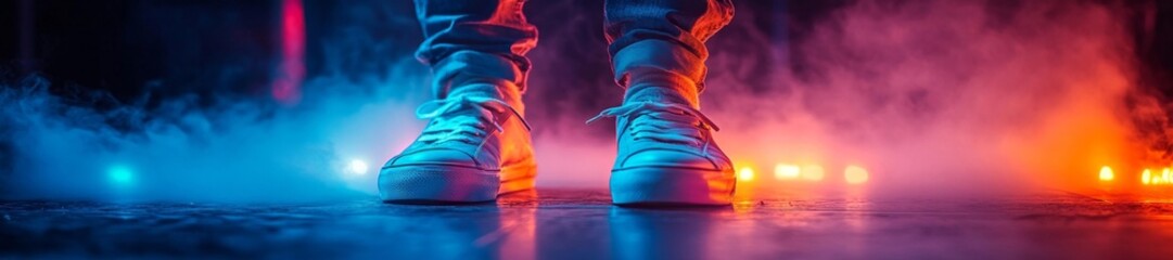 Person in Sneakers with Colorful Lights and Smoke Effect. Generative AI