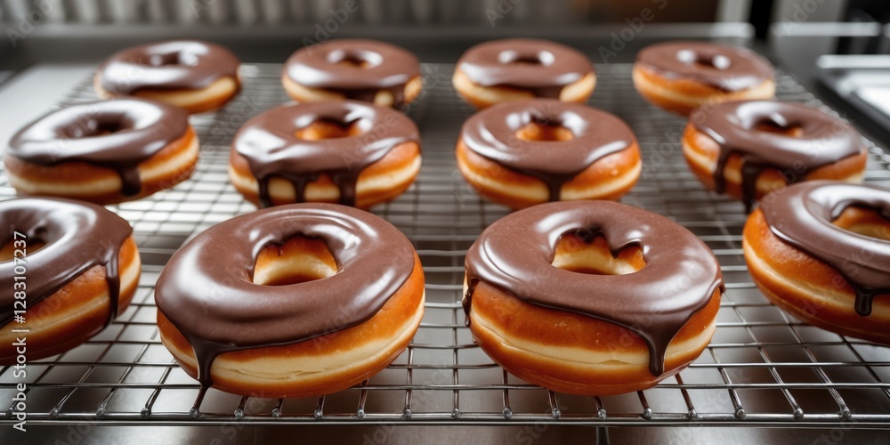 Aufkleber glazed chocolate doughnuts on baking rack with copy space for text in modern bakery setting.