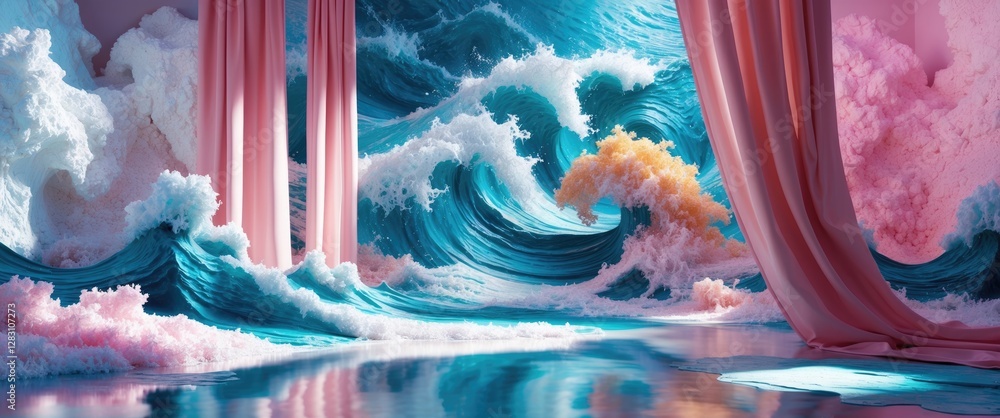 Poster vibrant abstract seascape with dynamic waves and flowing curtains creating a surreal and dreamy atmo