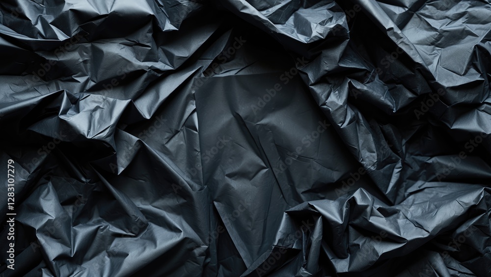 Poster black crumpled plastic texture background with folds and shadows for design and art projects