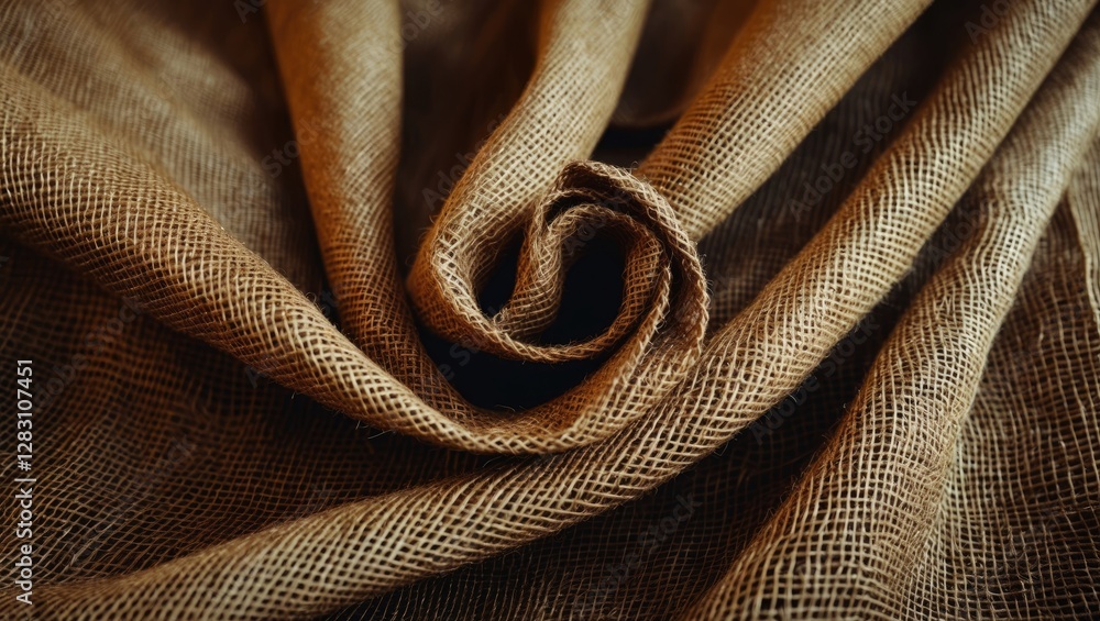 Poster close-up view of rolled burlap fabric with textured weave pattern and warm brown tones on a dark bac