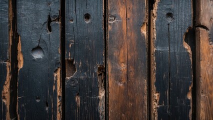 Close-up of weathered black wood planks with scratches, cracks, and natural imperfections, revealing rich brown undertones and textures