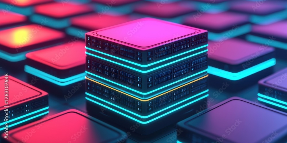 Wall mural neon cubes: an array of glowing neon cubes in a futuristic arrangement, a visually striking depictio
