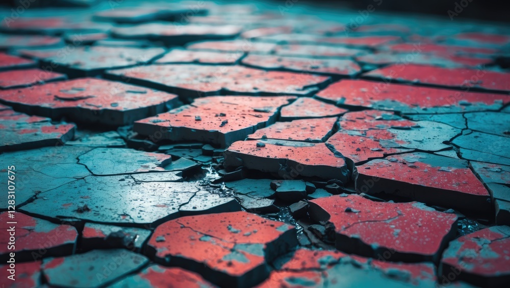 Poster cracked and weathered colorful pavement surface with blue and red tones showcasing intricate pattern