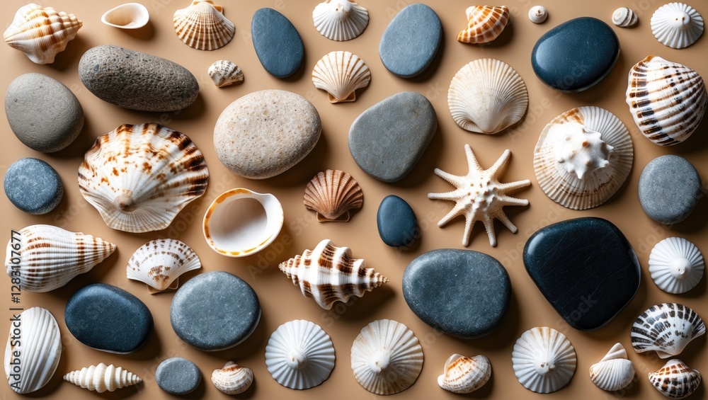 Poster assorted pebbles and seashells arranged artfully on a beige background creating a calming beach-insp