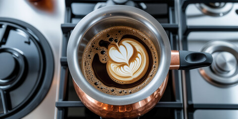 A coffee pot with a white leaf on top of it. The coffee inside is brown and the leaf is white