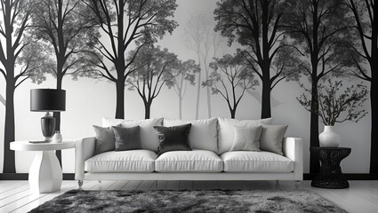 Modern living room interior with white sofa decorative pillows and black tree wallpaper design on gray wooden floor with lamp and table