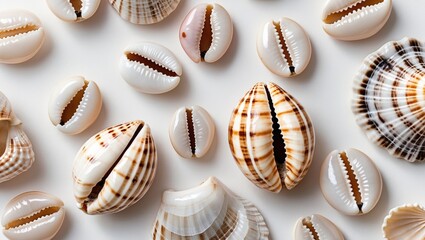 Mixed collection of cowrie shells and sea shells isolated on white background showcasing intricate patterns and textures.