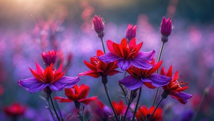 Colorful field of blooming red and purple flowers with soft background lighting at sunset. Close-up of floral details.
