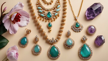 Elegant women's jewelry display featuring emerald and amethyst pieces on a cream background, ideal for e-commerce and social media marketing.