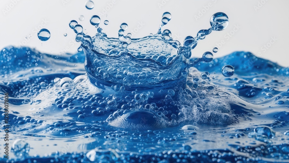 Poster high-resolution close-up of water splash creating ripples in blue liquid with bubbles against a ligh
