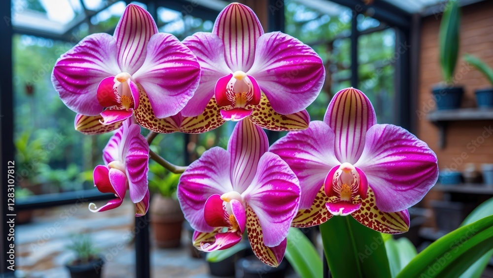 Poster close-up of vibrant pink and white orchids with intricate patterns in a greenhouse setting with blur