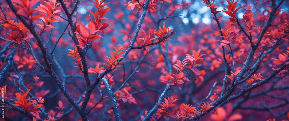 Poster vibrant red foliage with intricate tree branches and a soft blurred background in a natural outdoor 