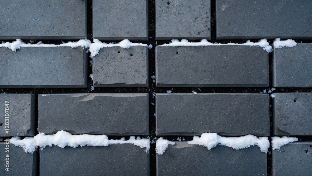 Poster Top view of dark gray paving slabs with snow stripes between blocks creating a winter atmosphere and texture on a cold day.