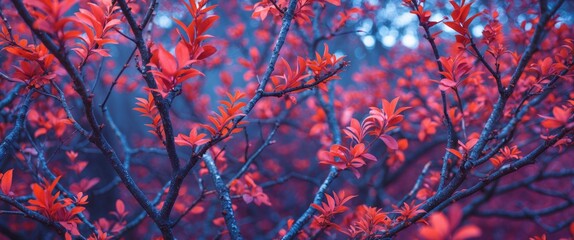 vibrant red foliage with intricate tree branches and a soft blurred background in a natural outdoor setting
