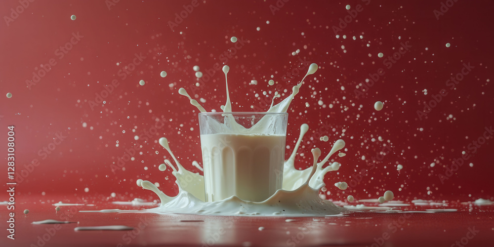 Poster a splash of milk is on a red background. the splash is in the shape of a cup