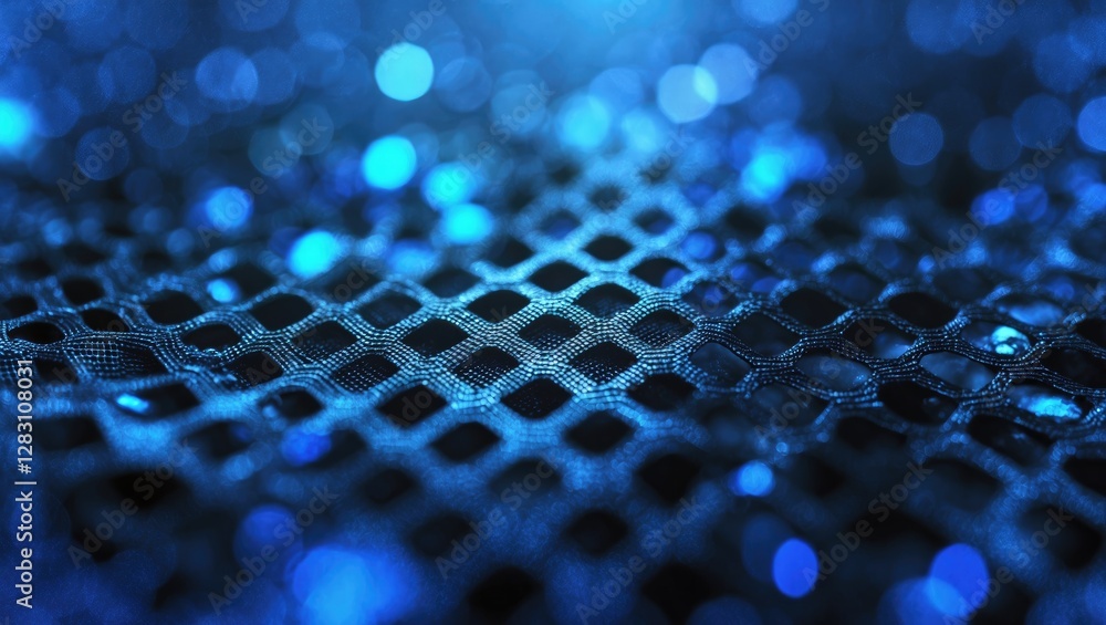 Poster blue textured mesh with bokeh lights background in a diagonal perspective high detail close up shot