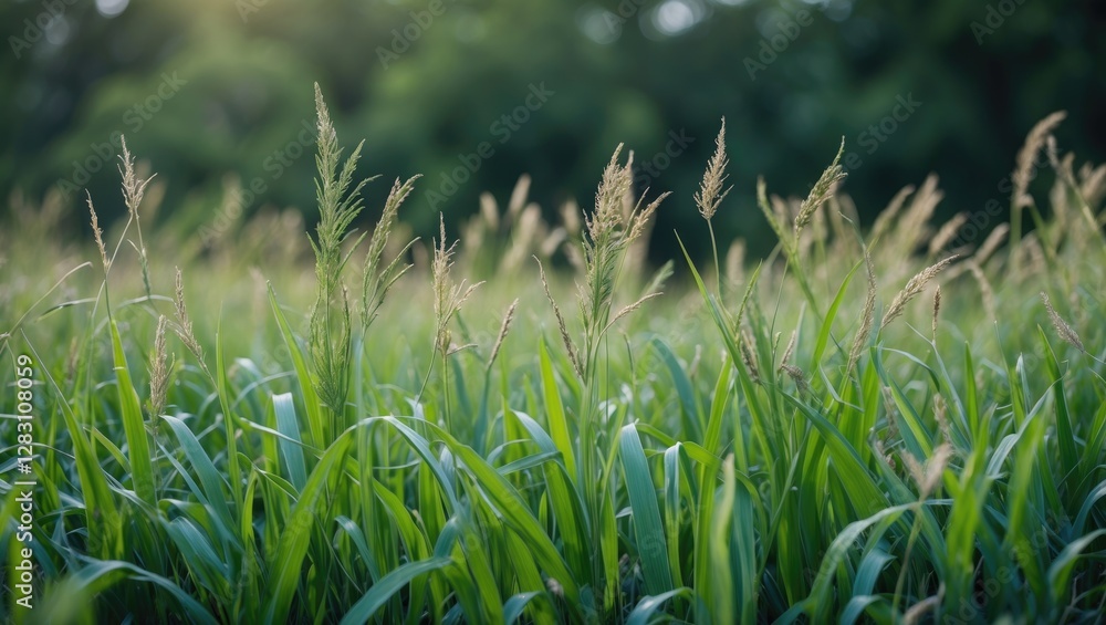 Poster green grass field with tall plants and sunlight filtering through trees in the background during a w