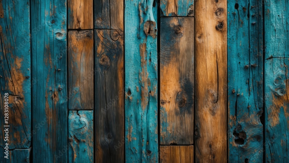 Poster textured wooden wall with blue and brown planks creating a rustic backdrop for design projects