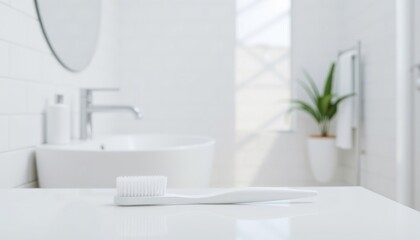 Fototapeta premium A clean white of a classic, toothbrush - mockup for text or logo, with soft bristles and a sleek, blue toothpaste tube. The toothbrush and toothpaste are positioned on a white countertop in a clean