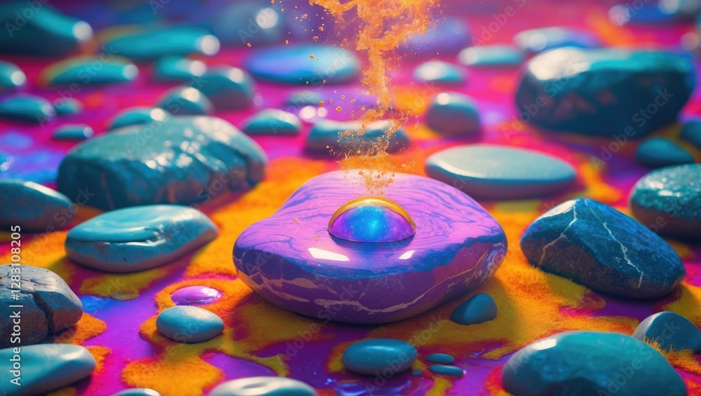 Poster colorful abstract representation of stones with a vibrant liquid surface and bubbles emerging from t