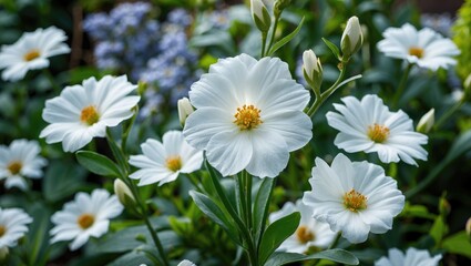 White flowers with yellow center blooming in a lush green garden with blurred background of purple and green foliage.