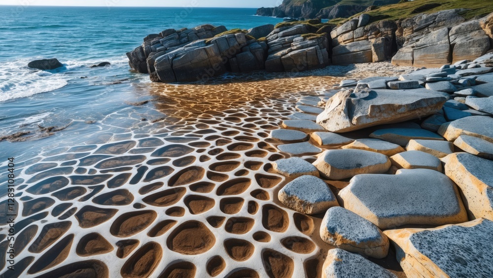 Poster coastal landscape featuring patterned rock formations and tidal pools along the shore with ocean wav