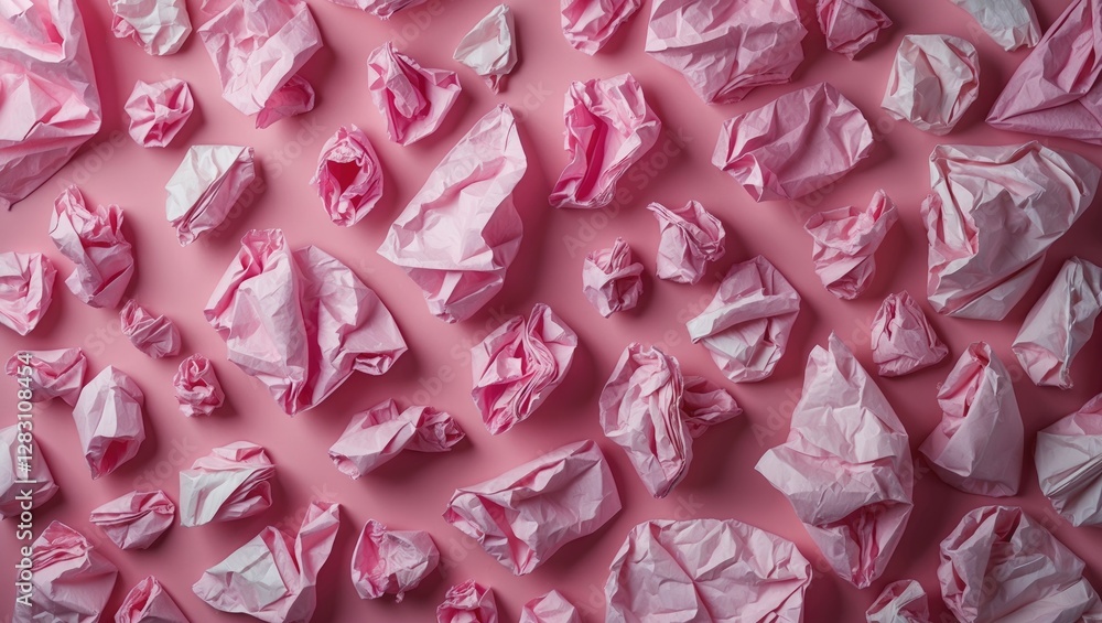 Poster pink crumpled paper texture background with various sizes of ball shapes on a solid pink surface