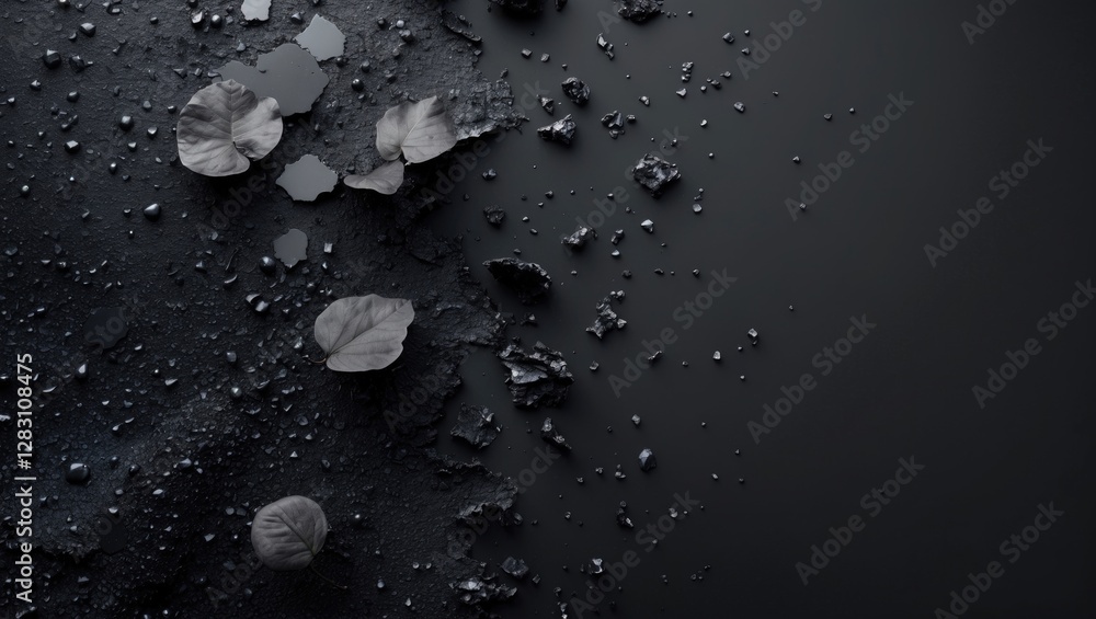 Poster black textured surface with scattered dark leaves and water droplets creating a minimalistic composi