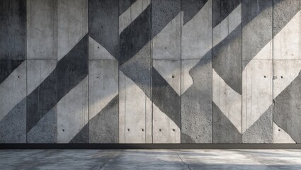 Fototapeta premium Textured concrete wall with geometric patterns and shadows in a modern interior space.