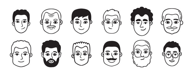 men portraits male doodles set doodle hand drawn icon set. Outline drawing man heads and faces line clipart symbol collection.