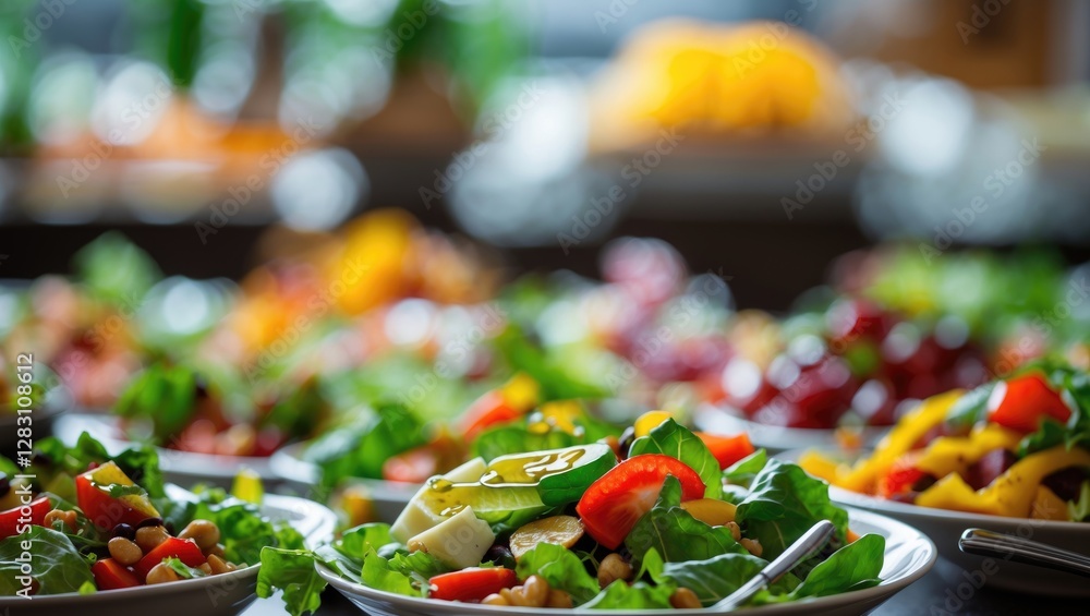 Aufkleber colorful salad display with fresh ingredients in a defocused background creating an appetizing and v