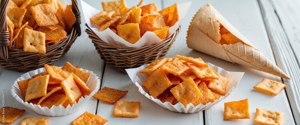 Aufkleber crispy golden snacks displayed in wicker baskets and paper cones on white wooden background with emp