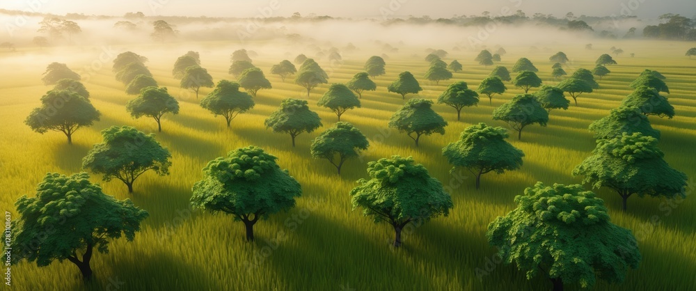 Poster aerial view of lush green rice fields with scattered trees under soft morning mist creating a serene