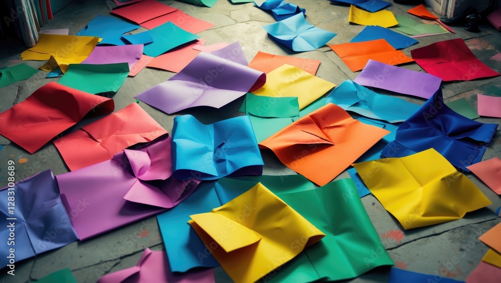 Aufkleber scattered colorful sheets of paper on floor showcasing vibrant hues and textures creating a lively a