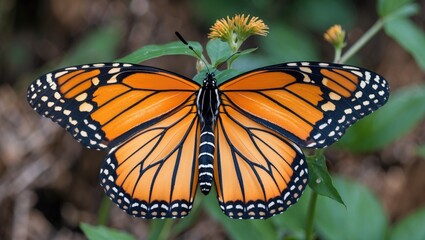 Fototapeta premium Monarch butterfly Danaus plexippus perched on a green leaf with vibrant orange and black wings in a natural setting.