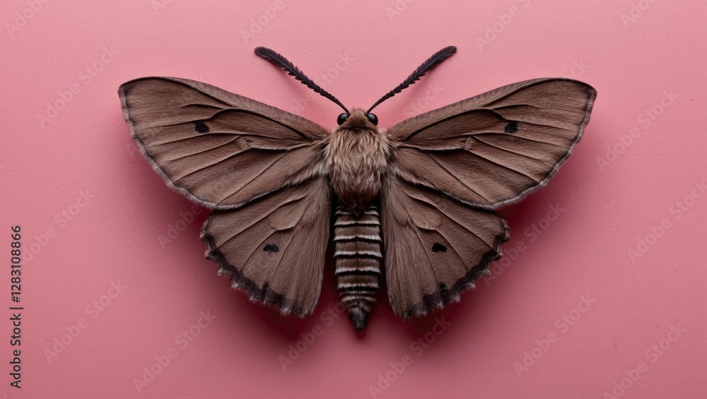 Poster close-up of a dark brown moth resting on a soft pink background showcasing intricate wing patterns a