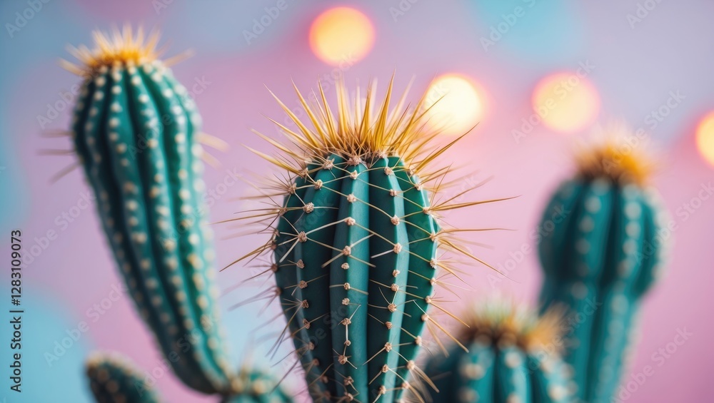 Poster close-up of green cactus with spines against a blurred pastel background featuring round lights in a