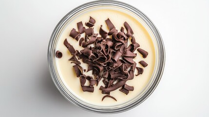 A simple yet elegant panna cotta with a layer of coffee-flavored syrup, garnished with chocolate curls, photographed from above.
