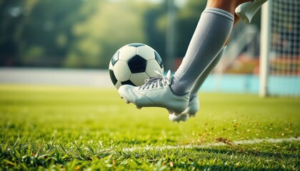 ⁨A dynamic, action-packed photograph of a soccer ball mid-flight, kicking up grass as it arcs towards the goal.  The background is blurred with a sense of motion and excitement. The lighting is bright